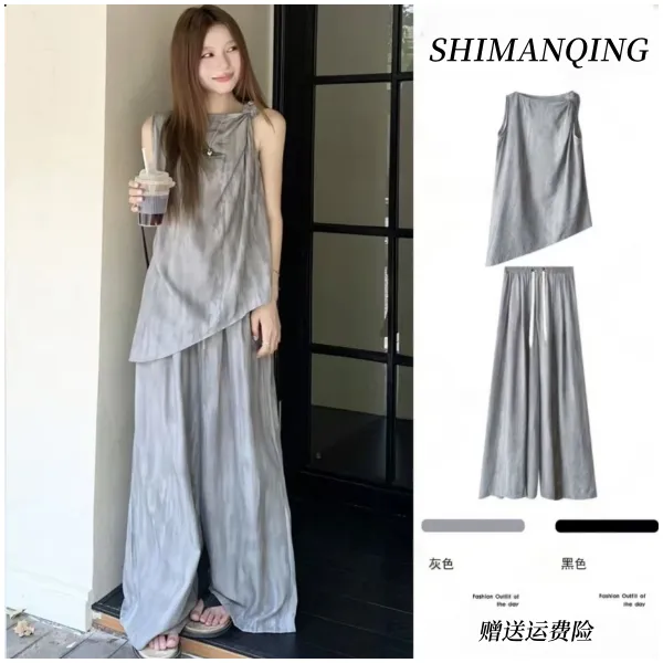 大码女装2025夏装新款宽松简约时尚不规则无袖上衣百搭阔腿裤套装