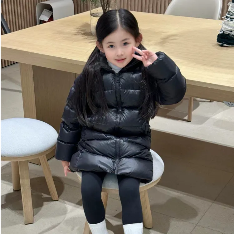 儿童中长款羽绒服男童女童连帽加厚长款童装羽绒服白鸭绒冬季黑色