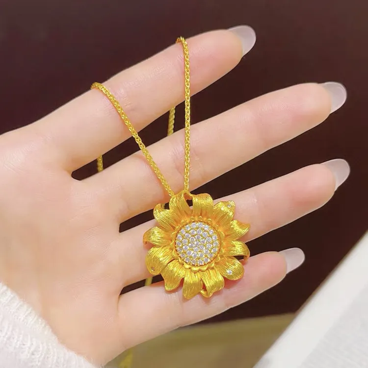 铜合金项链 新中式点钻太阳花向日葵吊坠项链拉丝雏菊花卉锁骨链
