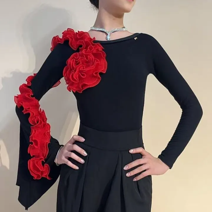 YRSS舞服♥新款设计师高领红花与一字肩红花软绵拉丁舞摩登舞上衣