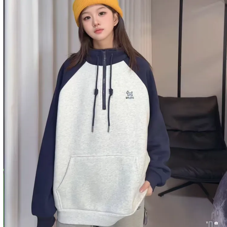 TTY  （加绒）2025冬季半拉链撞色慵懒风刺绣套头休闲卫衣278197