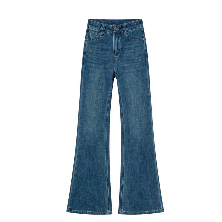 秋冬加绒四面弹蓝色微喇直筒牛仔裤女高腰大码显瘦显腿长喇叭裤