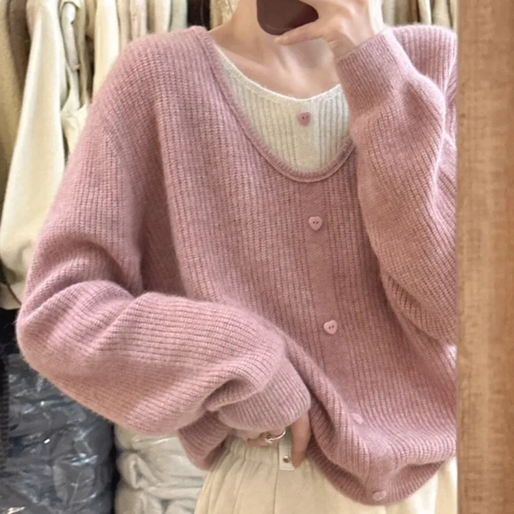 设计感假两件粉色针织衫女秋季日系甜美慵懒风内搭毛衣高级感上衣