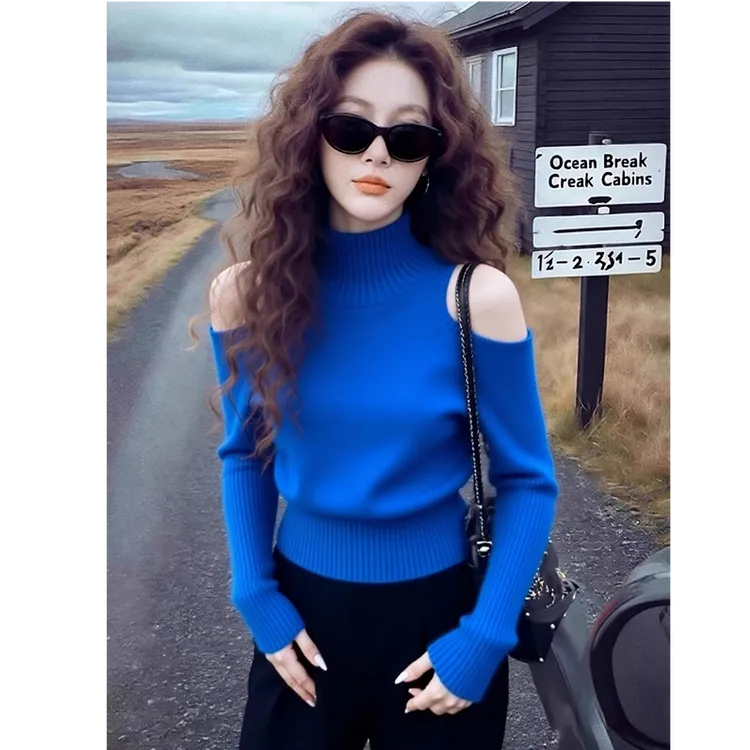 冬季韩系漂亮高级感减龄气质打底衫多巴胺蓝色露肩高领针织上衣女