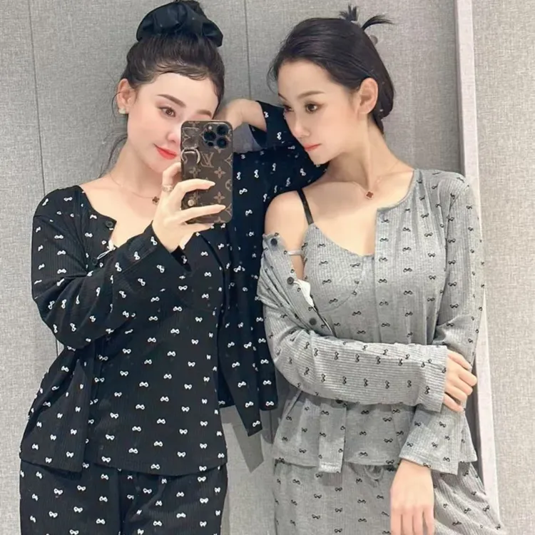 初初家三件套春季新款加肥加大可拆卸胸垫螺纹棉家居服可外穿