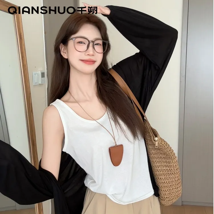 千朔夏季纯欲慵懒休闲风内搭背心+黑色纸片人显瘦开衫两件套宽松