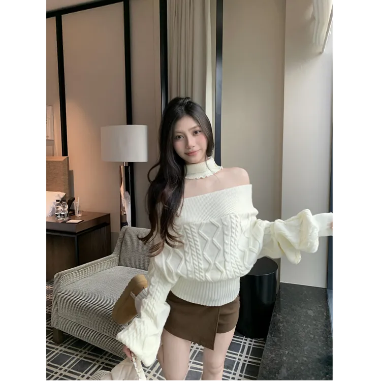 麻花一字肩露肩针织衫女秋2025新款韩系氛围感慵懒风上衣