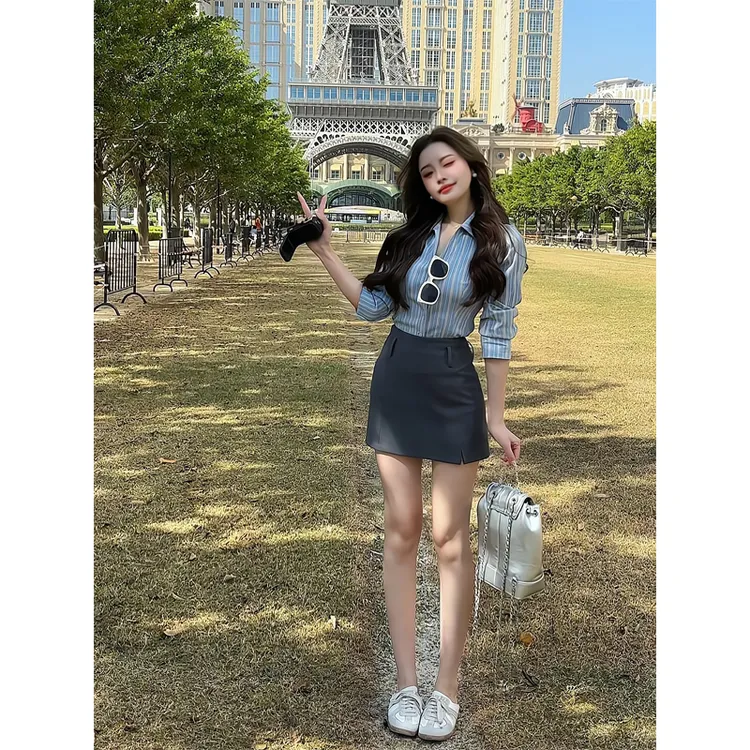 条纹衬衫修身短款V领小众长袖衬衣学院灰色西装半身裙包臀a字短裙