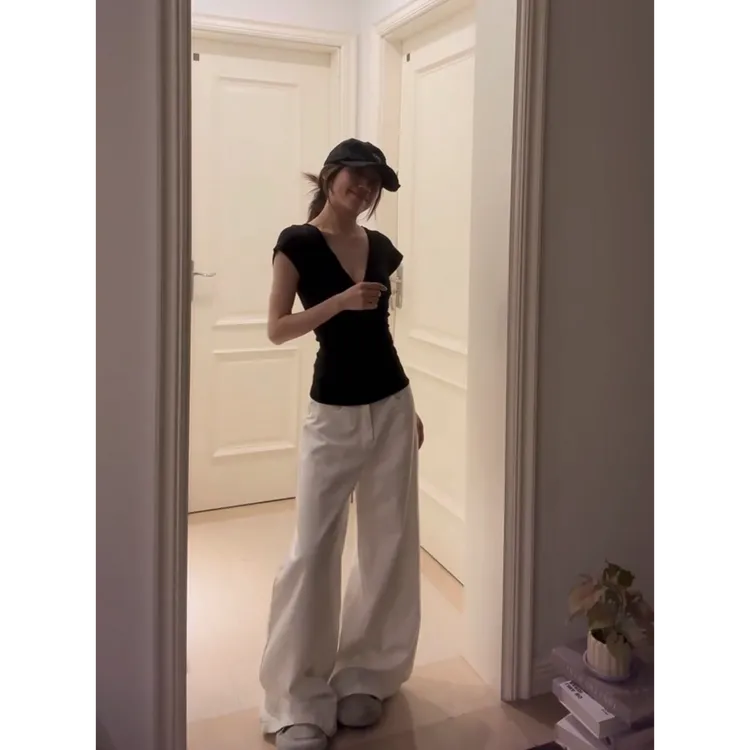 MARIE.COCO黑色V领正肩修身绝美小飞袖上衣女垂感直筒阔腿裤套装