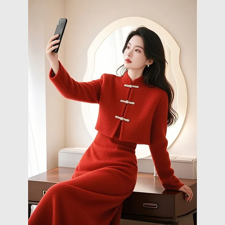 3875+3876新中式冬装搭配一整套红色外套裙子气质小香风毛呢套装