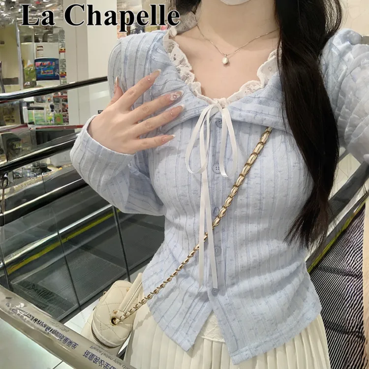 拉夏贝尔韩版设计感假两件秋季针织衫女纯欲蕾丝拼接系带内搭上衣