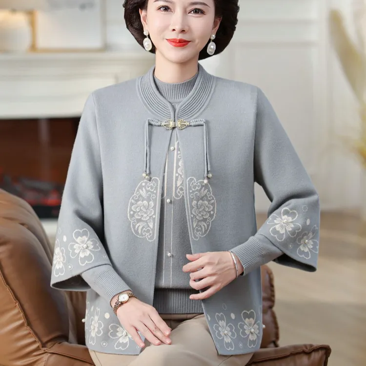 秋冬新款新中式国风妈妈装两件套中老年女装上衣针织开衫毛衣外套