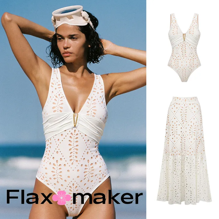 Flaxmaker V形镂空收腰设计时尚显瘦度假泳衣复古欧美泳装连体