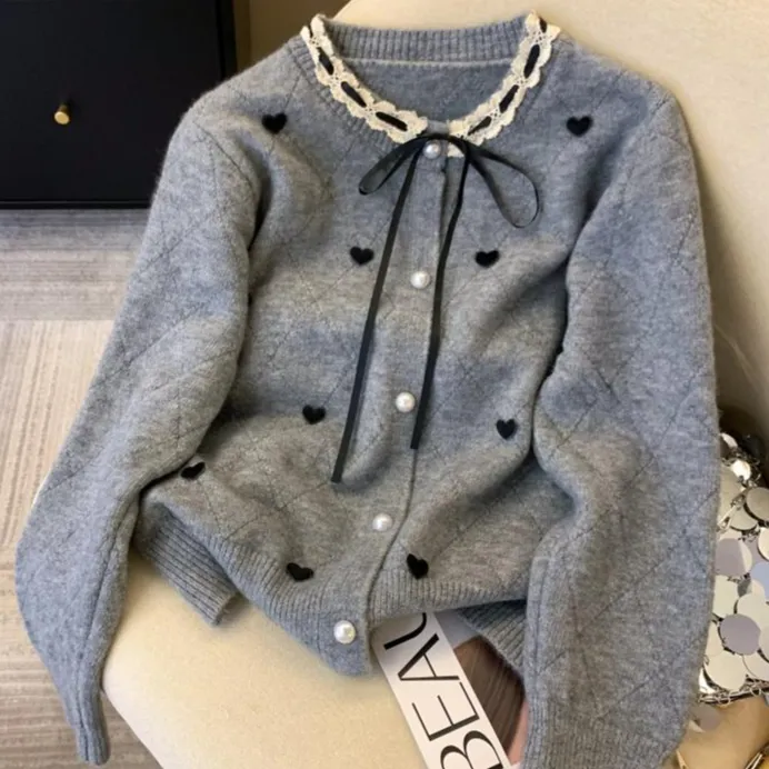 小个子蕾丝边心形针织衫开衫女秋冬韩式系带蝴蝶结针织开衫小香风