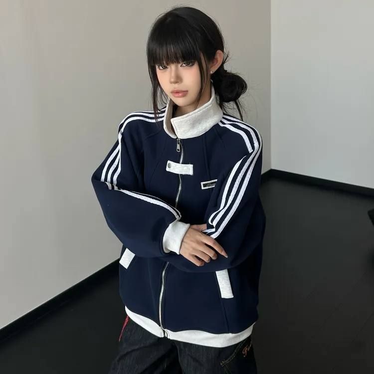 美式学院风卫衣外套男女撞色拼接设计感潮流复古休闲加绒加厚夹克