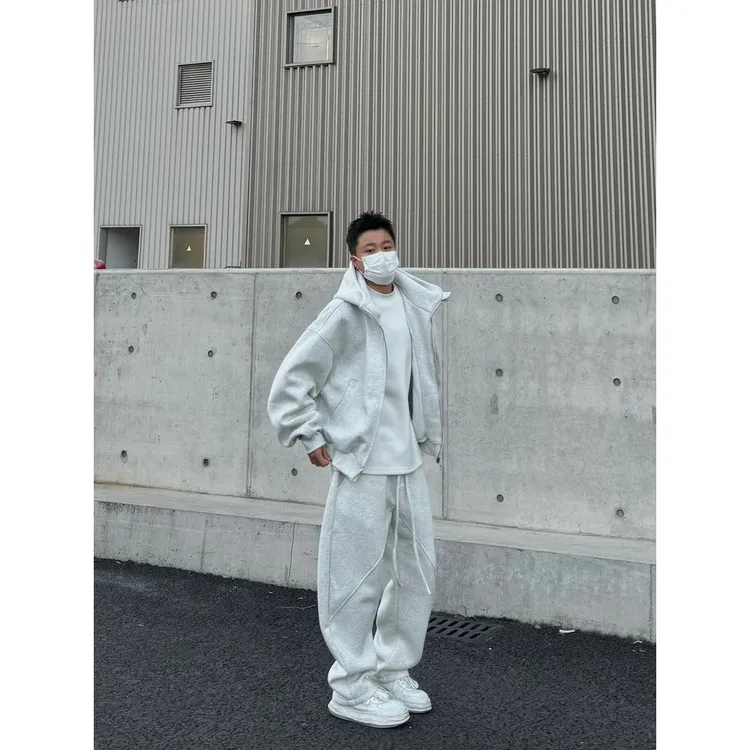 情侣款简约休闲套装潮流阔版系带休闲裤美式简约重磅连帽卫衣开衫