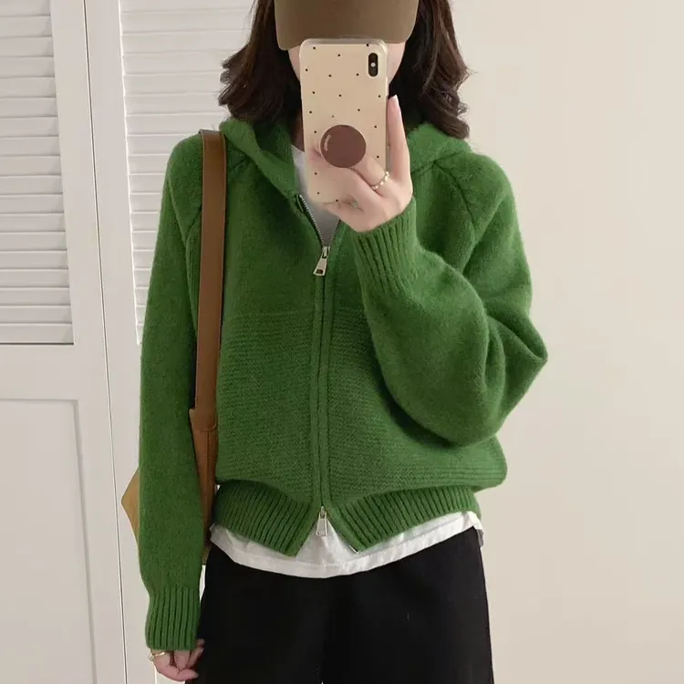 韩系休闲波浪纹双拉链连帽毛衣外套女秋冬宽松显瘦加厚针织开衫潮