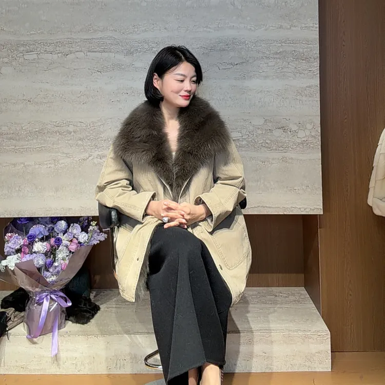 TANTAN 时尚宽松冬季翻领真毛鹅绒派克服4583