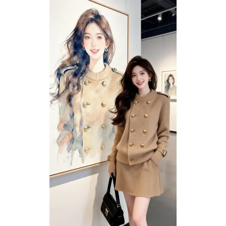 美式复古风时尚百搭休闲随性松弛驼色毛衣外套女2026冬双排扣开衫