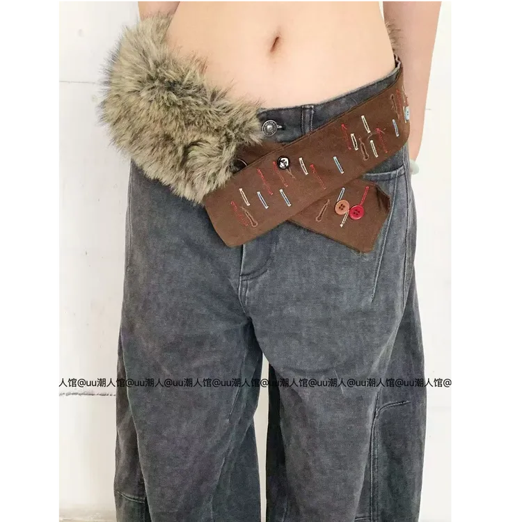 复古美式亚文化朋克风个性纽扣毛毛拼接腰带女辣妹腰封配饰皮带潮