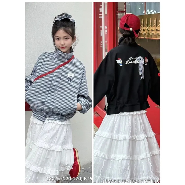 天依角2025秋18025新款KT猫拼蕾丝外套夹克中大童女童可亲子