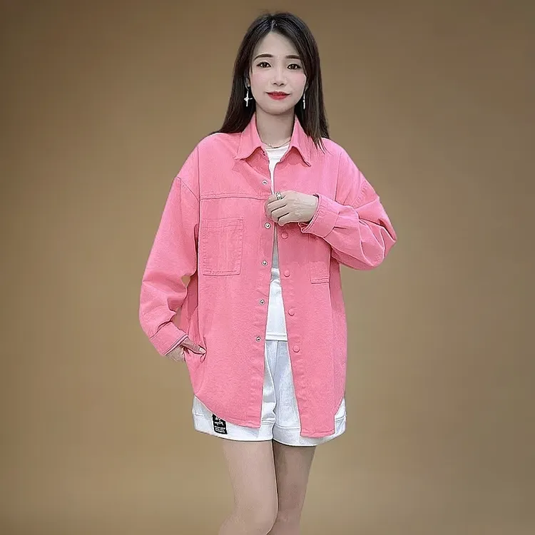 粉色牛仔衬衫外套女春秋2024新款宽松百搭中长款休闲纯色小众上衣