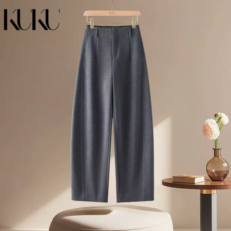 【KUKU】秋冬加厚呢子百搭不起球显瘦直筒拖地裤超智淡弯刀裤2136