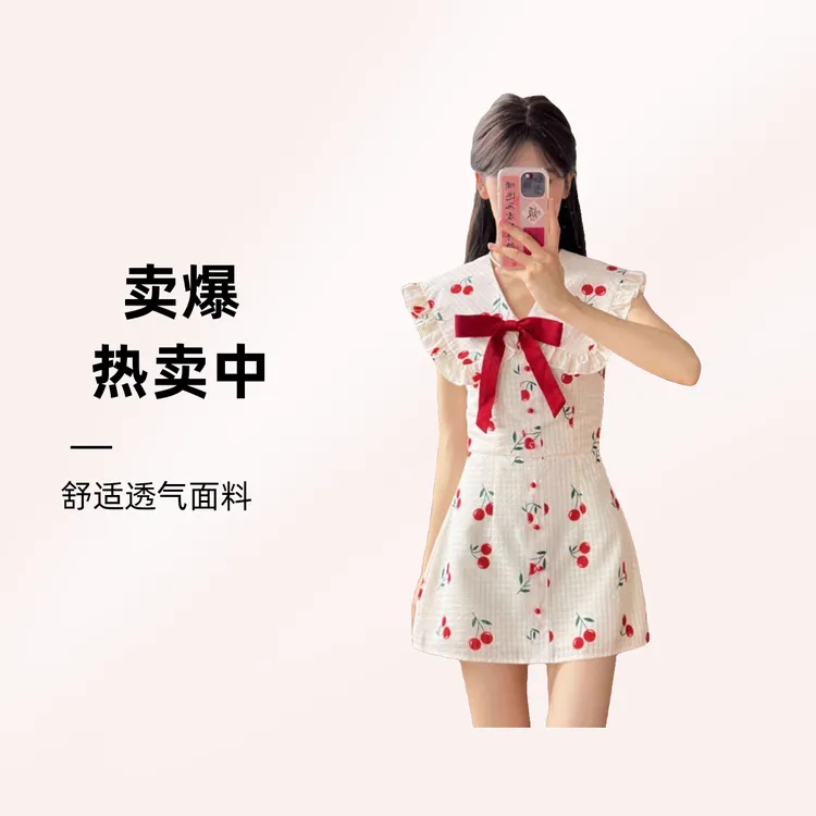 夏季新款韩系风甜美少女樱桃印花洋气翻领收腰显瘦减龄气质连衣裙