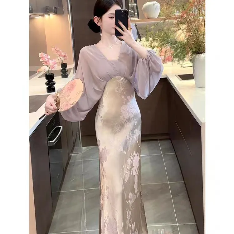 539-6#2025秋季新款新中式国风假两件连衣裙高级气质收腰长裙