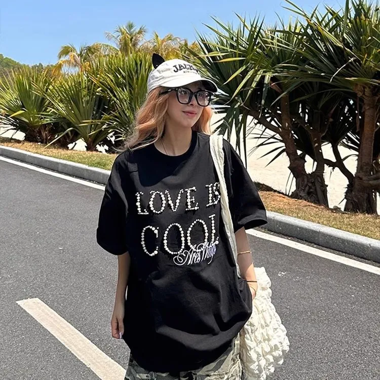 潮流高街复古休闲立体钉珠上衣夏季百搭宽松美式圆领短袖T恤女ins
