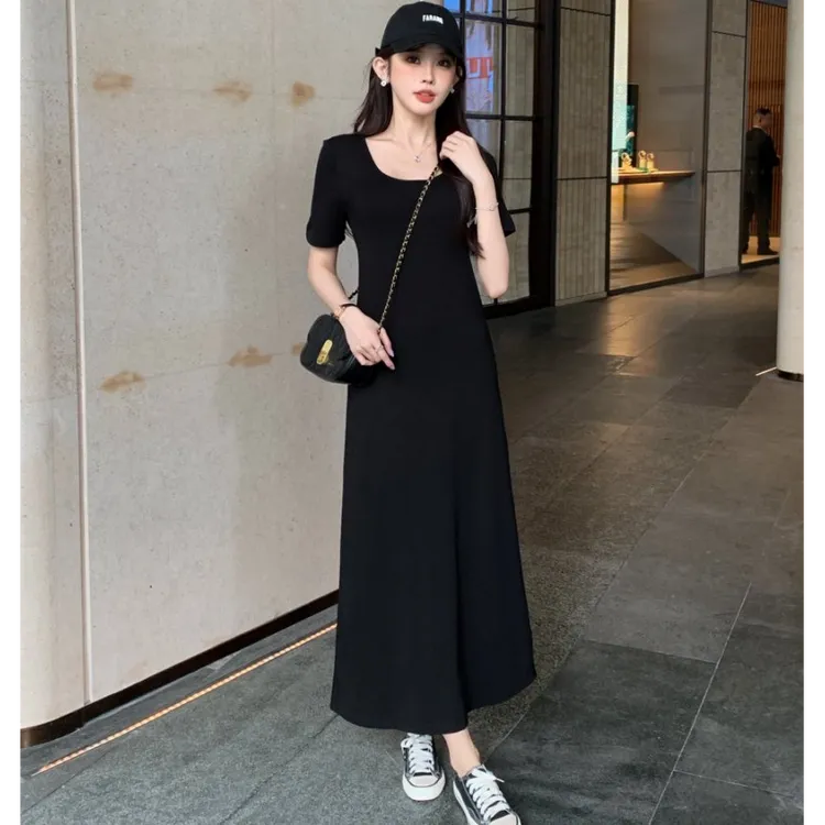 温婉大方衣服时尚宽松休闲慵懒风显瘦长款a字小黑裙外出洋气裙子