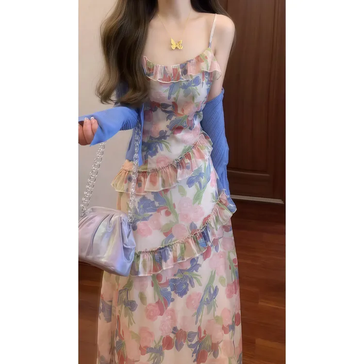 法式温柔绝美荷叶边碎花吊带连衣裙度假风长裙&防晒空调开衫9595