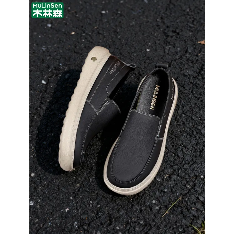 【奥莱旗舰】木林森懒人一脚蹬宽楦鞋头休闲皮鞋男士百搭轻奢潮鞋