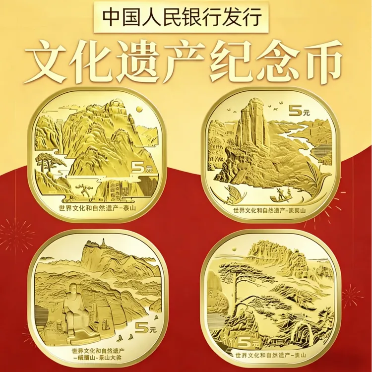 法定货币自然文化遗产四山纪念币武夷山黄山泰山峨眉山纪念币送礼商品图
