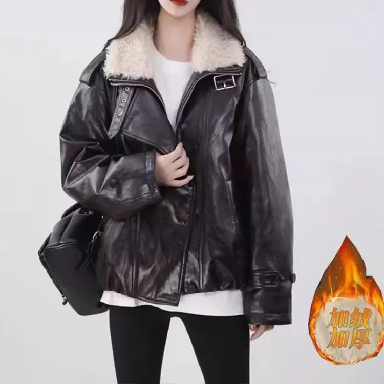 拉夏贝尔加绒加厚酷飒皮衣夹克女2025秋冬款保暖时尚大毛领机车服