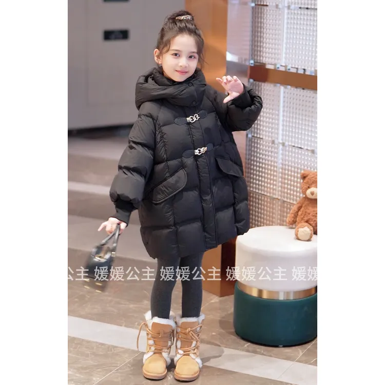 媛媛公主2025冬季女童百搭加厚保暖连帽中长款羽绒服15415R079