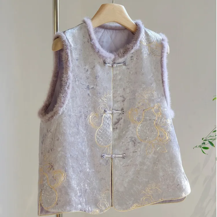 改良新中式轻国风女装新款紫色丝绒提花紫色毛毛拼接叠穿马甲冬