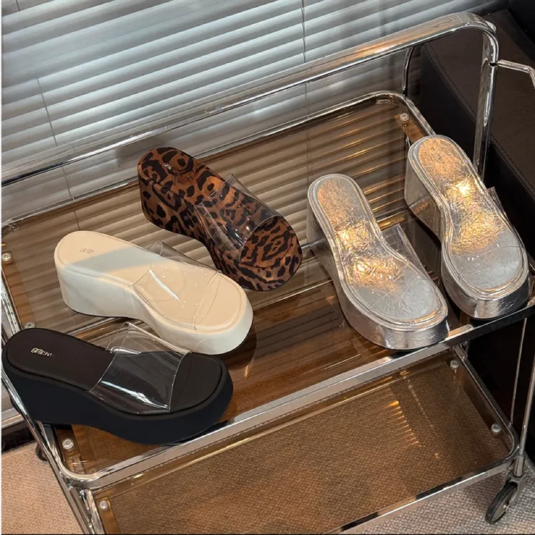 增高时尚豹纹厚底拖鞋女款夏季新款高级感透明带增高凉拖鞋平底