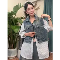 牛仔条纹拼接时尚假两件宽松韩版休闲衬衫CS01#