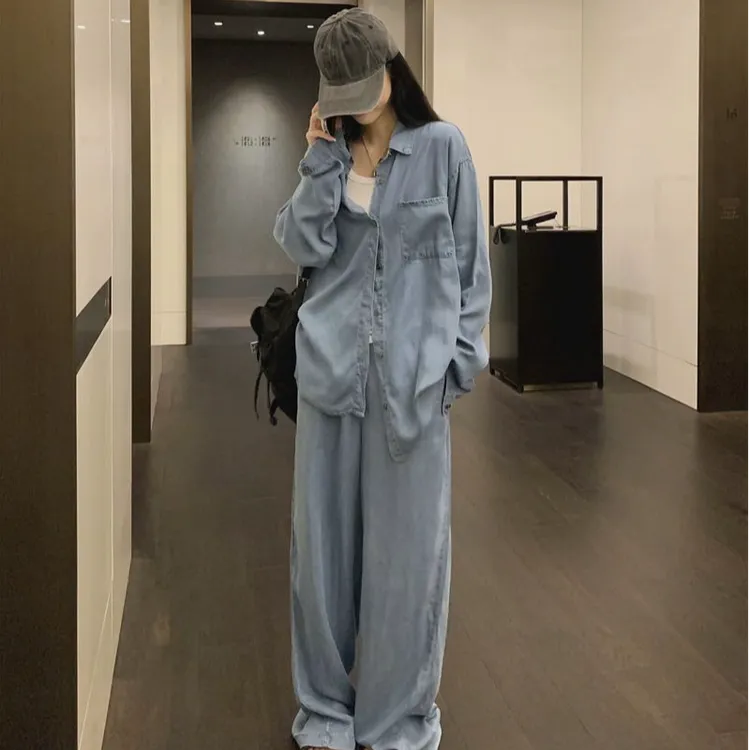 高级感气质休闲长袖衬衫女早春季2025新款高腰显瘦阔腿裤两件套装