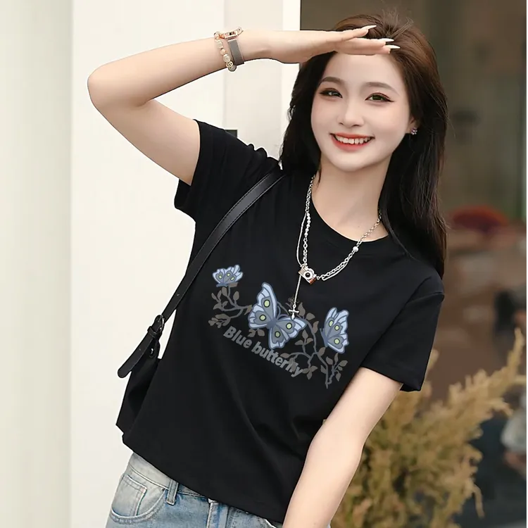 【轻氧棉】蓝蝴蝶短袖女2025t恤黑色女款正肩休闲时尚夏季圆领百搭