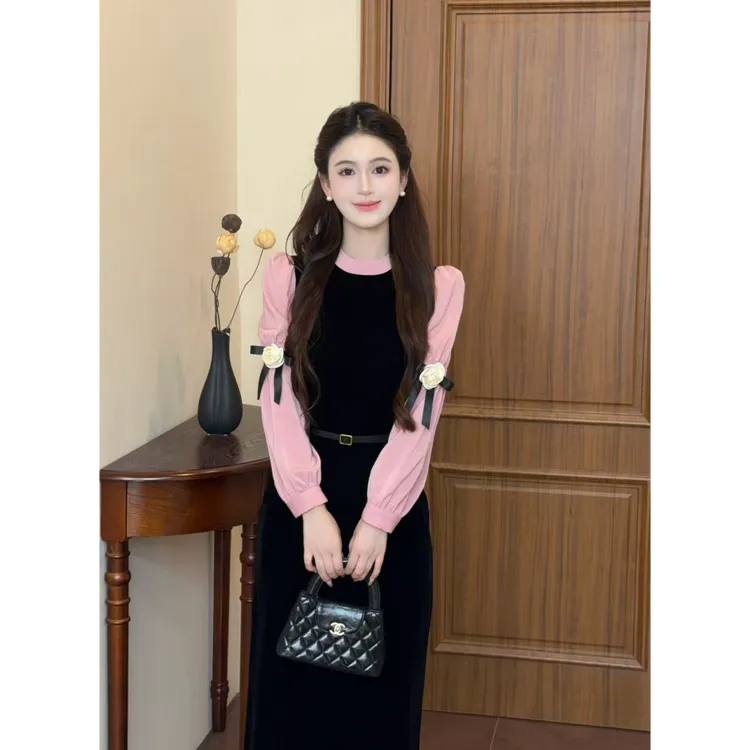 LiLi李李家【黑粉玫瑰】法式千金风高级感撞色黑丝绒连衣裙XMZH9229