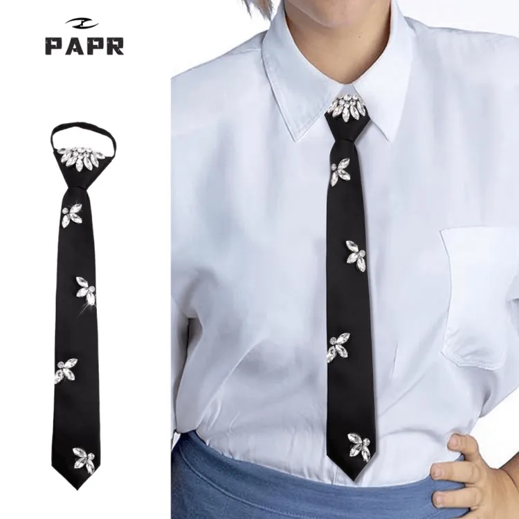 Papr原创设计感白色水钻领带百搭衬衫细款绳子抽拉免打结领带男女