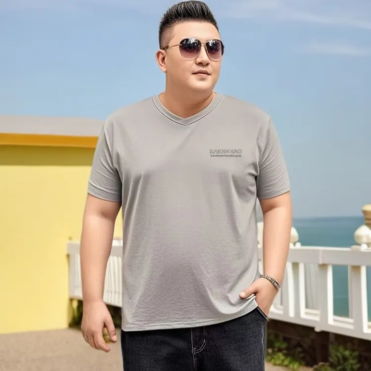 套头上衣胖子肥佬宽松鸡心领加肥加V领短袖T恤男士夏季大号打底衫