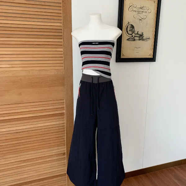 撞色条纹无袖抹胸背心女装2025夏季修身辣妹小众短款上衣阔腿裤子