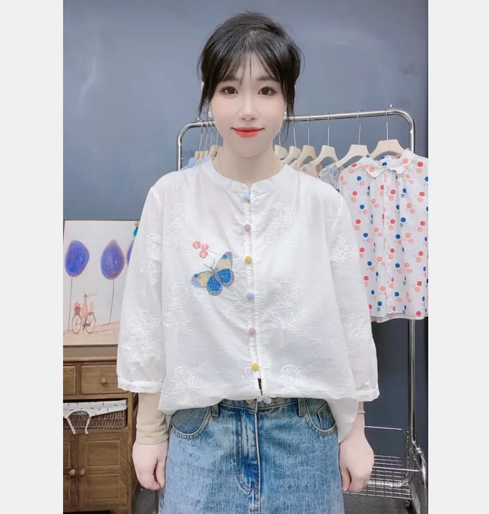 新中式国风 立领重工提花蝴蝶花刺绣宽松百搭七分袖衬衫女
