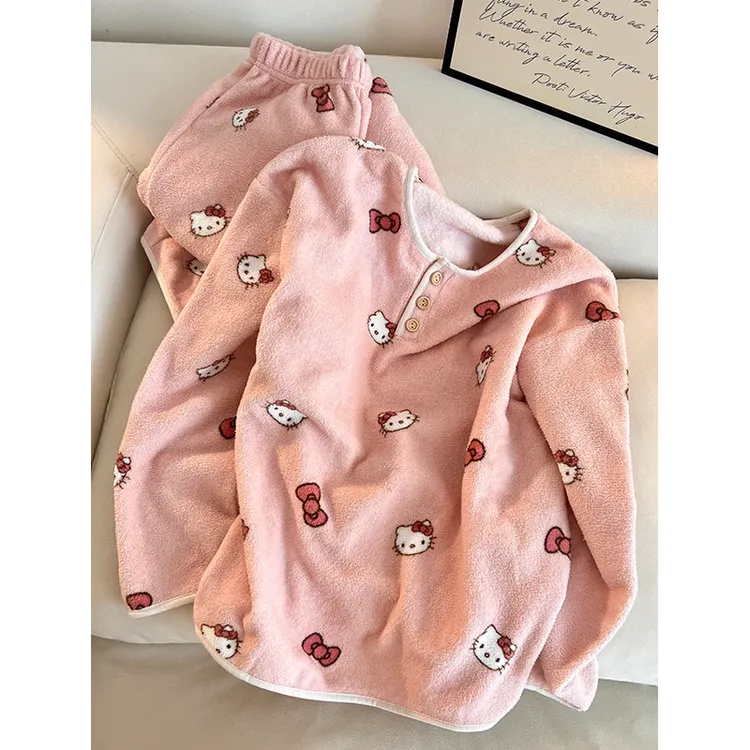 韩版少女可爱kitty猫法兰绒睡衣女款2025冬季加绒保暖家居服套装