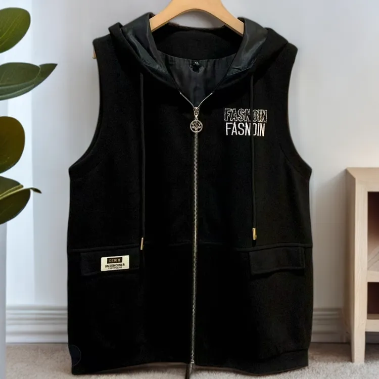 【高端定制马甲】秋季新款马夹女士短款设计感连帽休闲黑色马甲7023