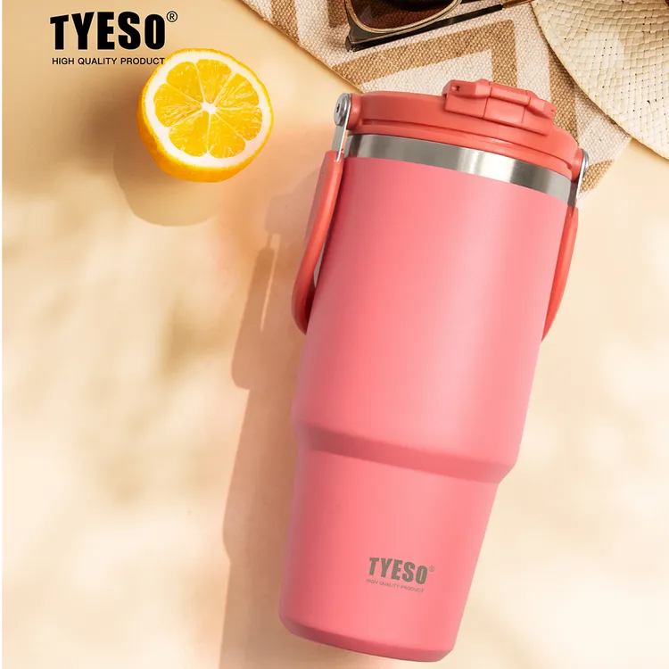 TYESO泰硕大容量保温杯车载手提冰霸杯汽车吸管杯304不锈钢咖啡杯