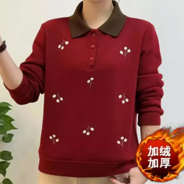 秋冬洋气加绒加厚妈妈打底上衣时尚减龄女士春季新品百搭休闲卫衣